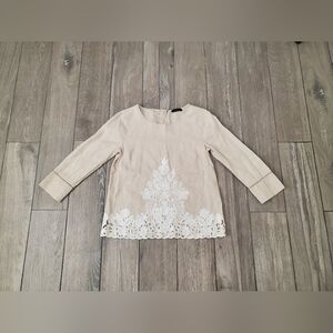 J.Crew 100% linen embroidered floral natural round neck long sleeve blouse